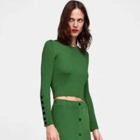 Zara Ribbed Cropped Button Sleeve Sweater in Green - Picture 1 of 12